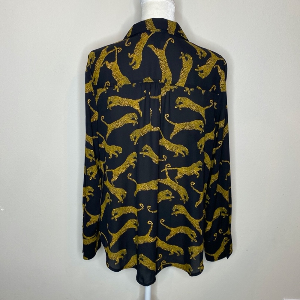 Worthingotn Black/Amber Leopard Print V-Neck Button Up Long Sleeve Blouse Size L - Picture 4 of 13